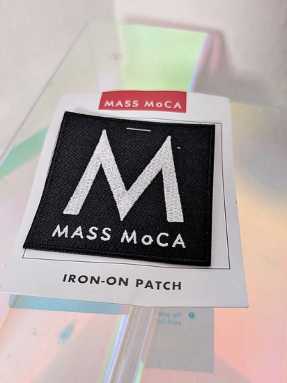 Mass MoCA Iron On Patch: Black and White Logo & White